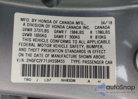 2018 Honda Civic Ex z USA, uszkodzony, nr VIN 2HGFC2F71JH558455